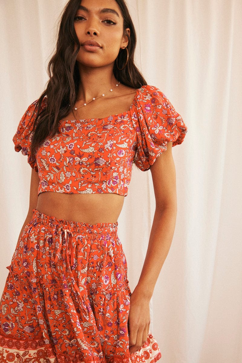 Red Boho Crop Top Short Sleeve Off Shoulder Full Volume - Image 3
