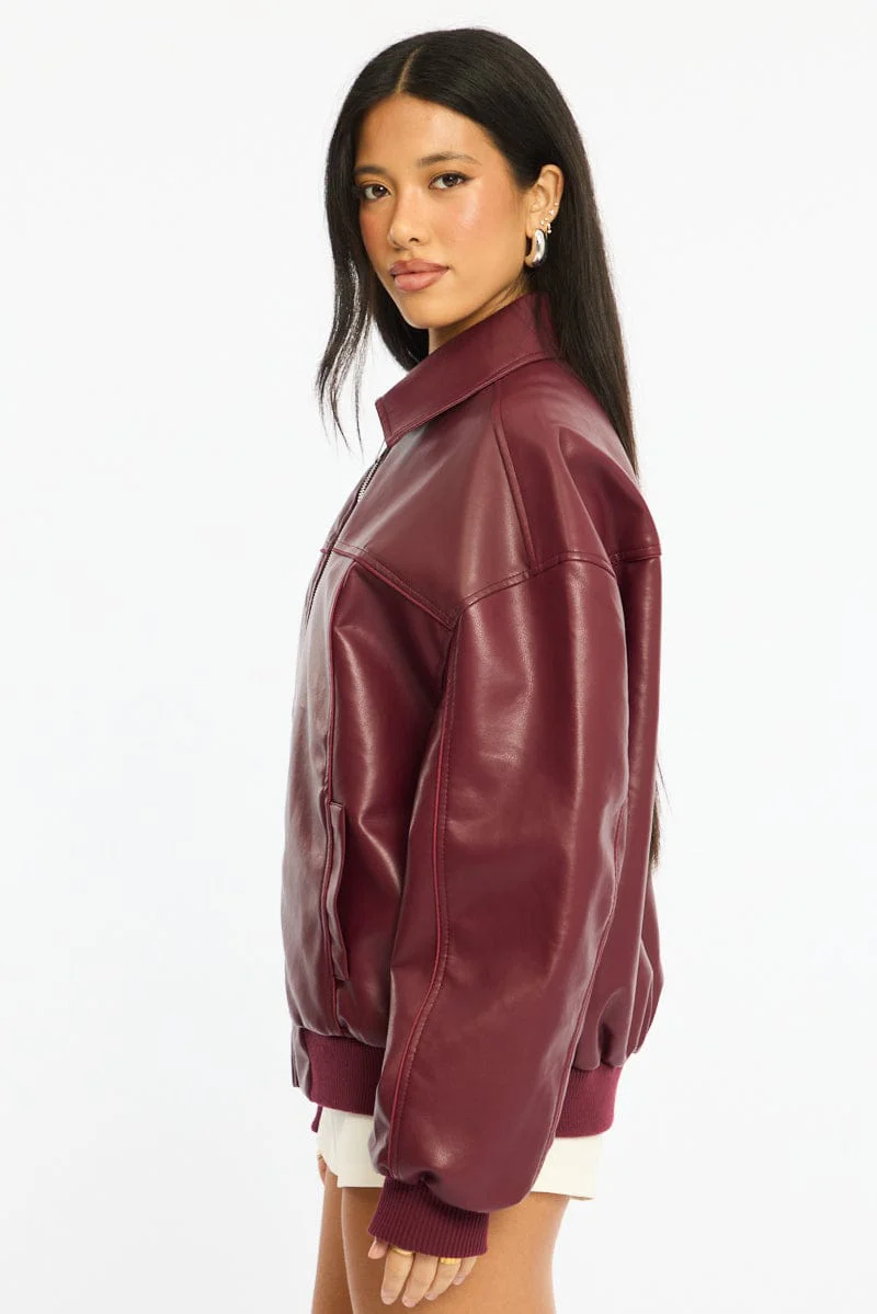 Red Bomber Jacket Faux Leather - Image 3
