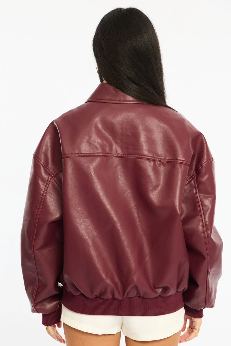 Red Bomber Jacket Faux Leather - Image 4