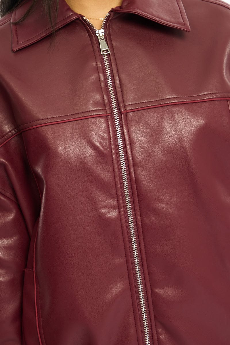 Red Bomber Jacket Faux Leather - Image 5