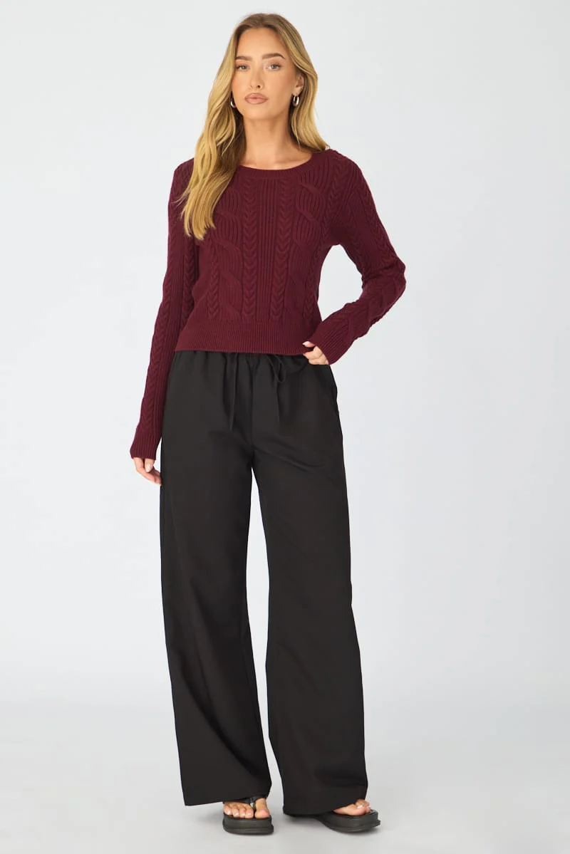 Red Cable Knit Top Long Sleeve Crew Neck - Image 2
