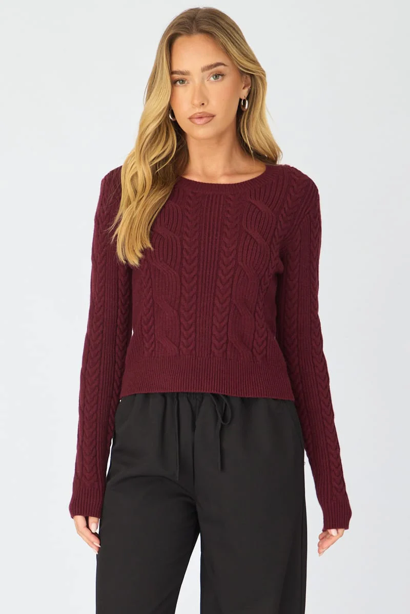 Red Cable Knit Top Long Sleeve Crew Neck - Image 3