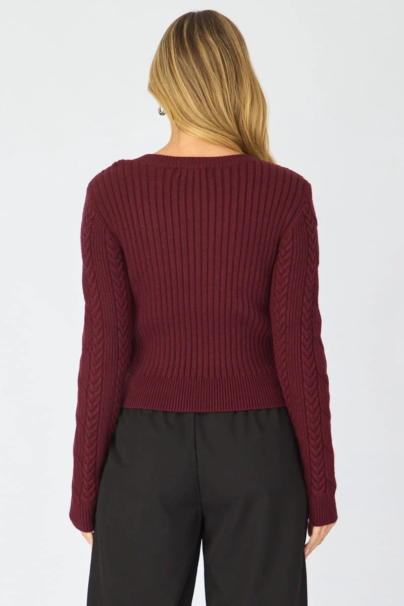 Red Cable Knit Top Long Sleeve Crew Neck - Image 5