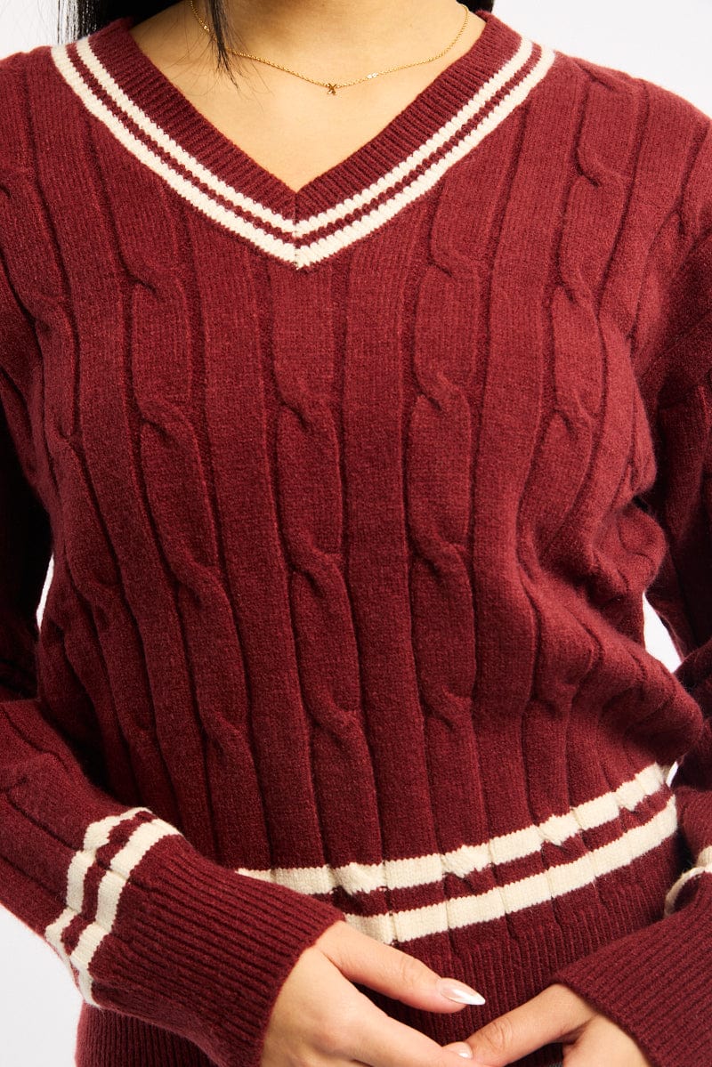 Red Cable Knit Top Long Sleeve V-neck - Image 5