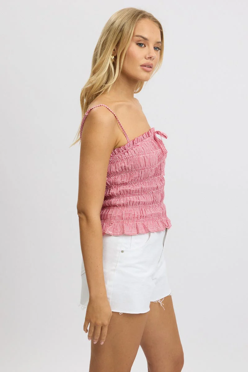 Red Check Cami Top Sleeveless Shirred - Image 4