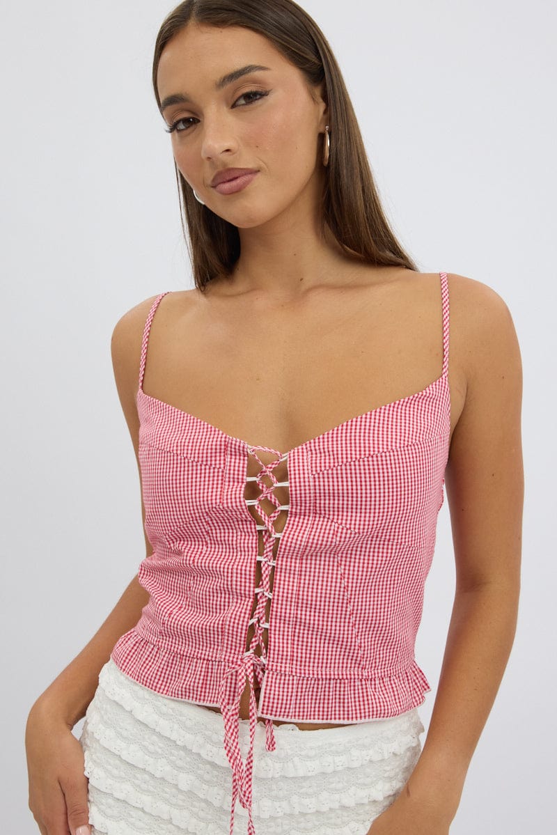 Red Check Corset Top Sleeveless Lace Up - Image 3