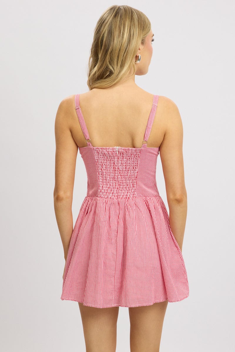 Red Check Fit And Flare Dress Drop Waist Mini - Image 5