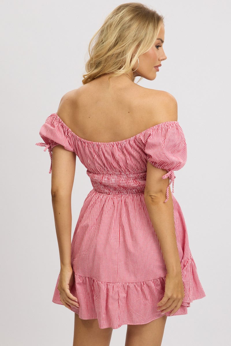 Red Check Fit And Flare Dress Puff Sleeve Mini - Image 5