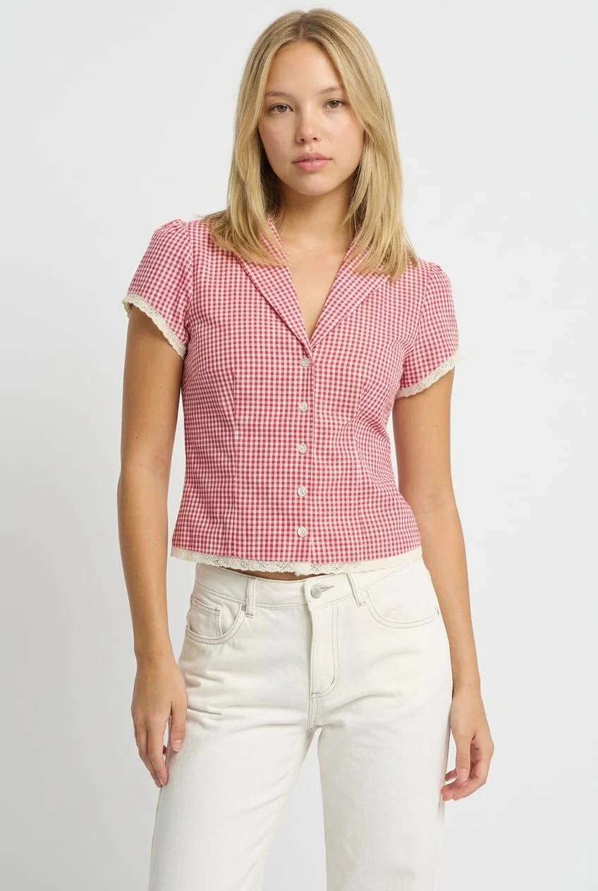 Red Check Lace Trim Shirt Cap Sleeve Collared Textured
