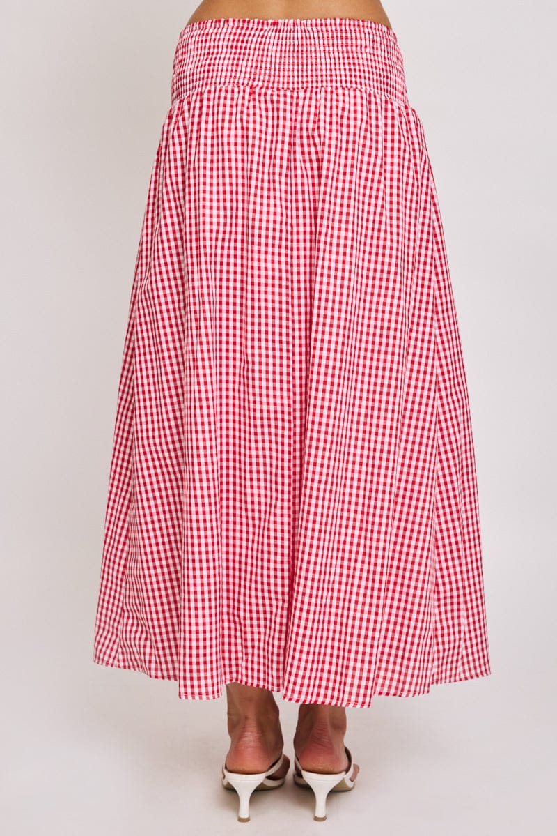 Red Check Maxi Skirt Drop Waist Shirred Back - Image 4