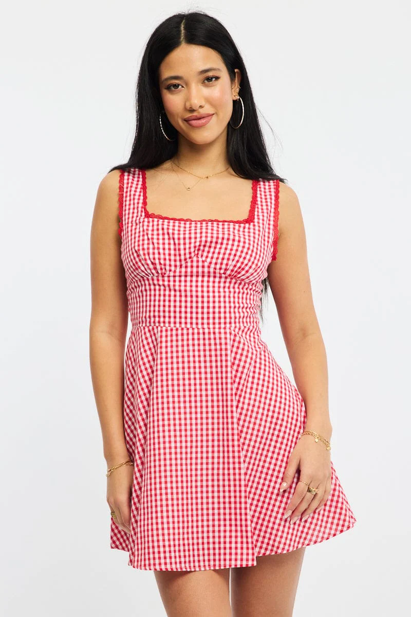 Red Check Mini Dress Sleeveless - Image 2