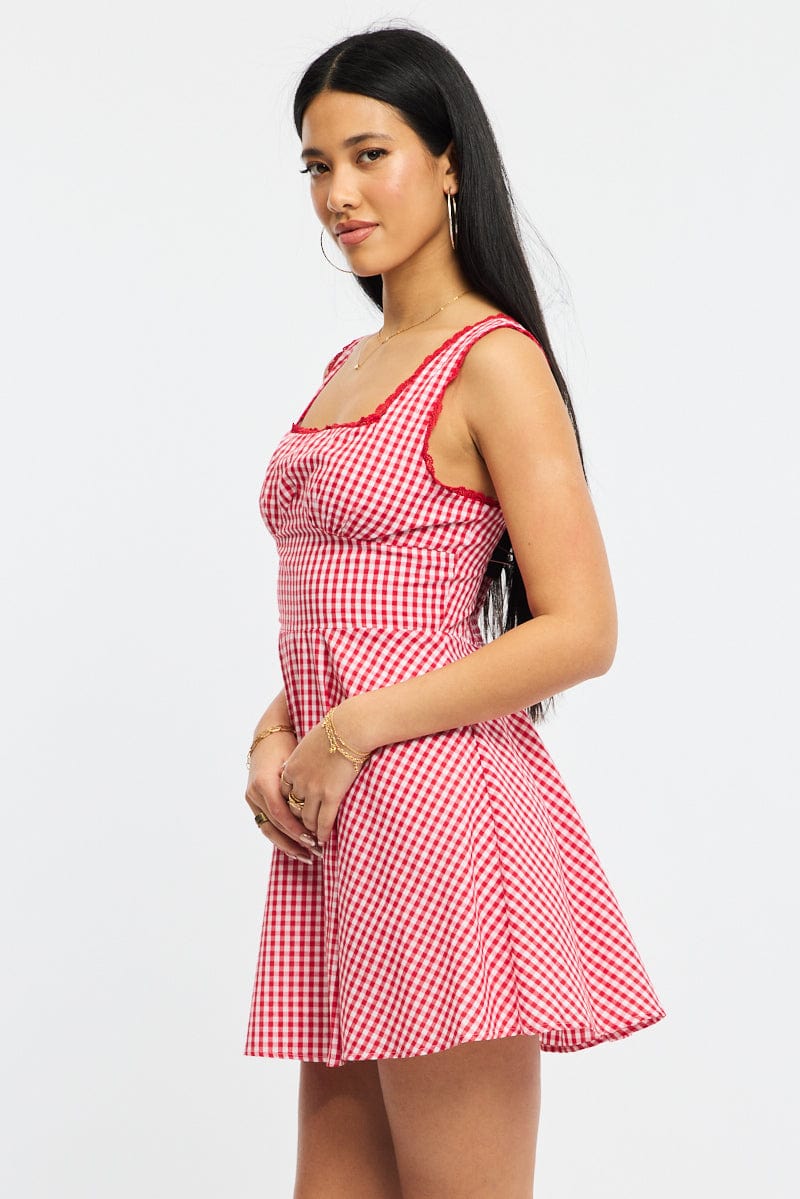 Red Check Mini Dress Sleeveless - Image 4