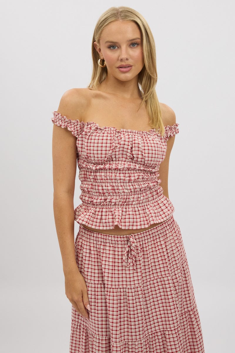 Red Check Shirred Top Off Shoulder Frill Details - Image 3