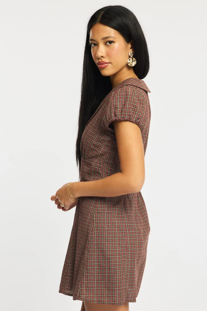 Red Check Shirts Dress Collared Mini - Image 3