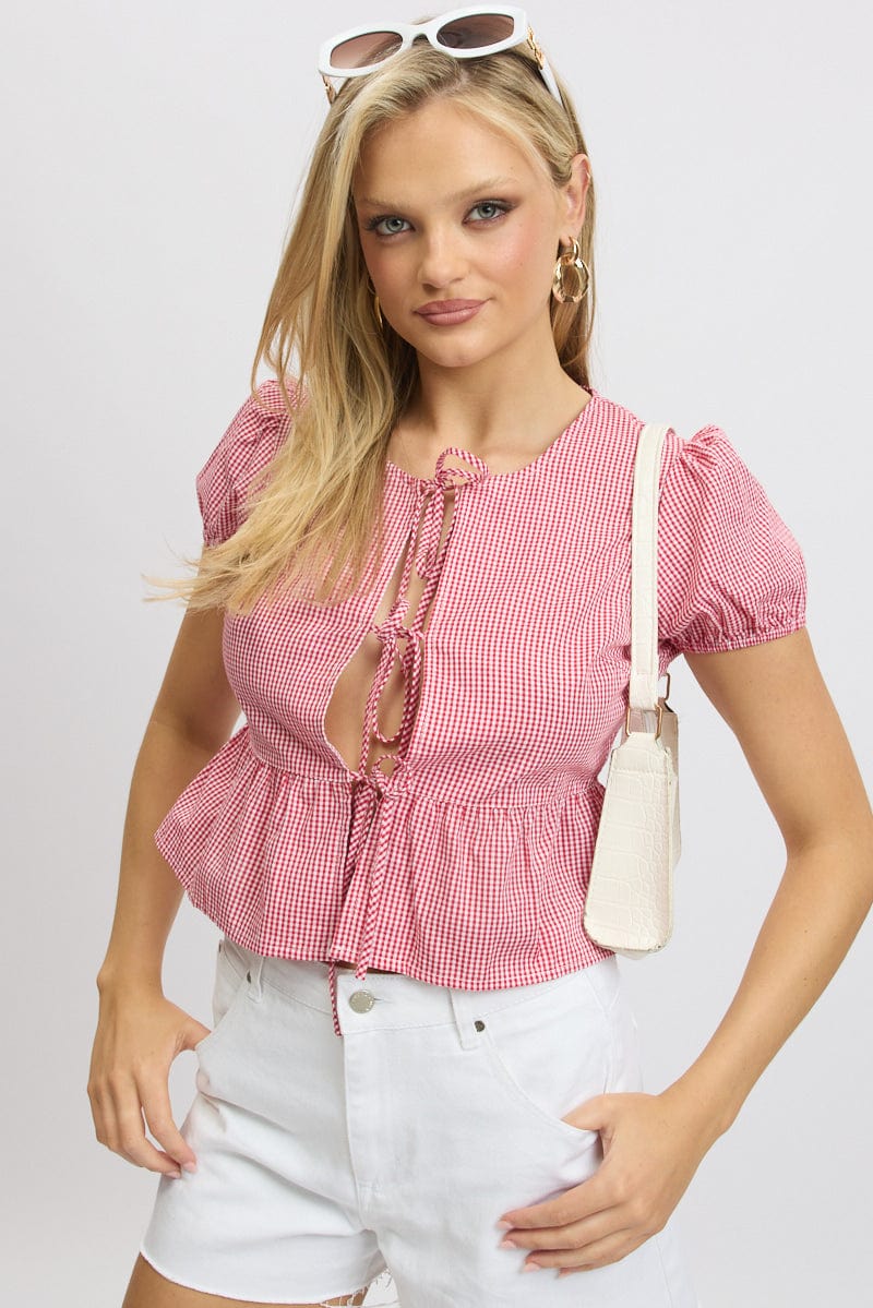 Red Check Tie Front Top Puff Sleeve - Image 3