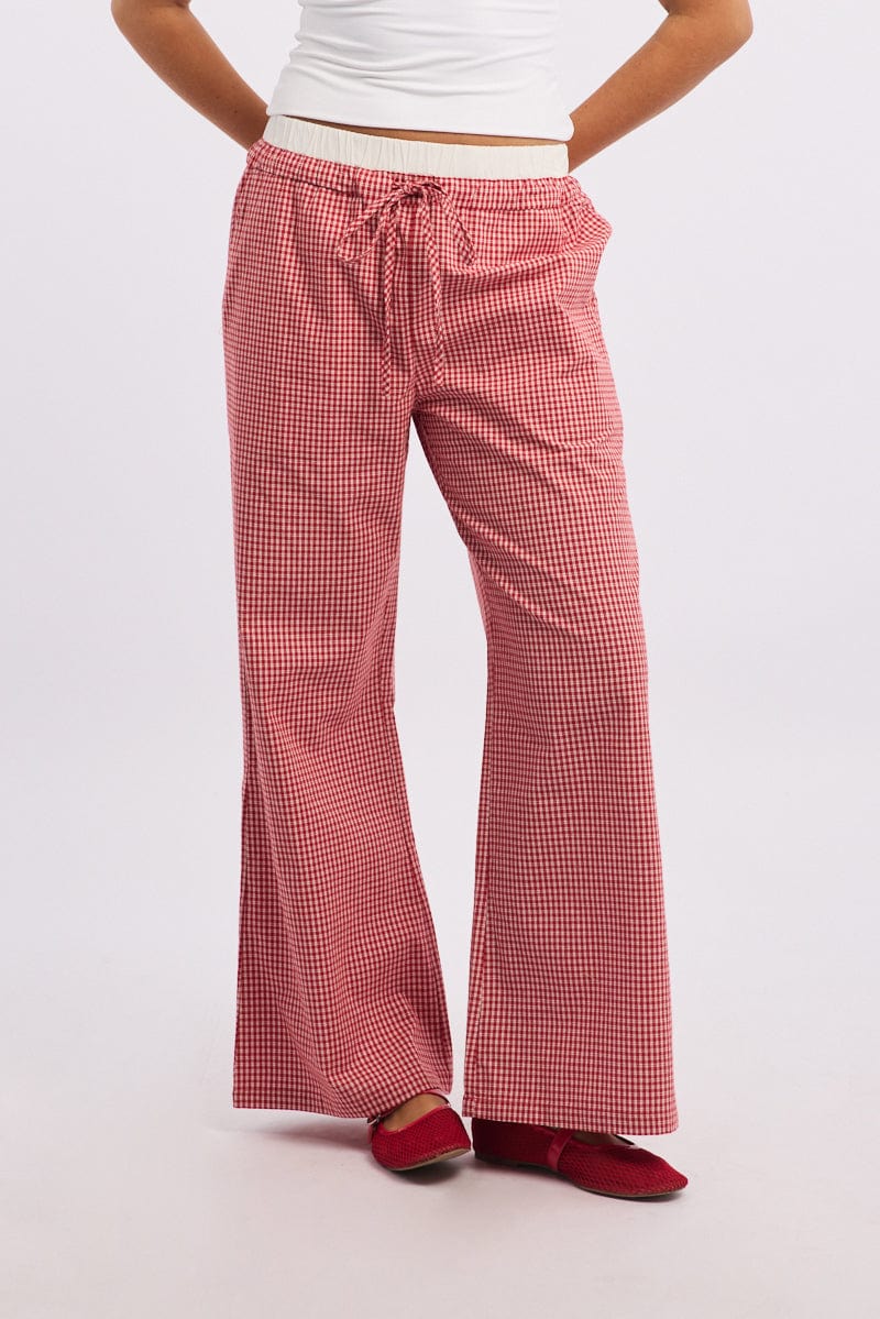 Red Check Wide Leg Pants Contrast Waist - Image 2
