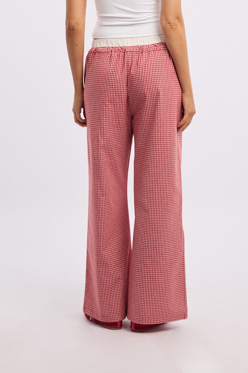 Red Check Wide Leg Pants Contrast Waist - Image 4