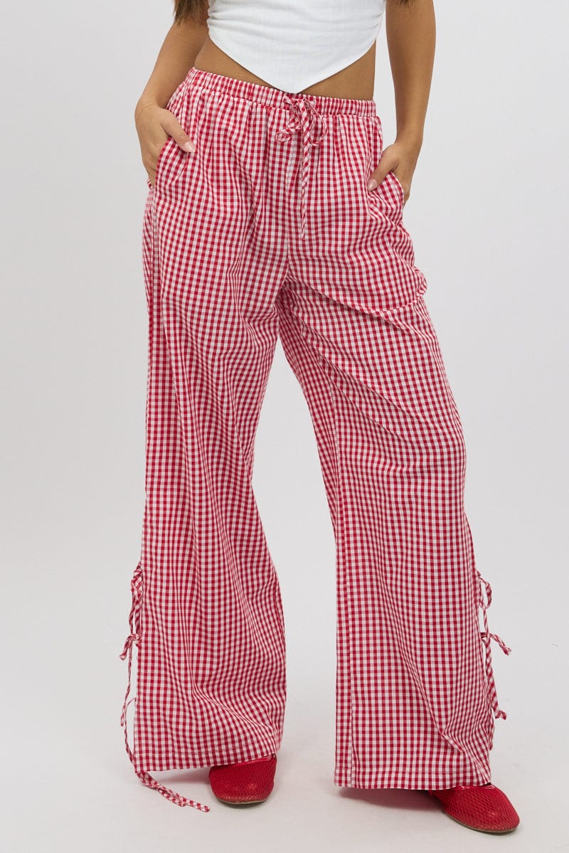 Red Check Wide Leg Pants Side Ribbon - Image 3