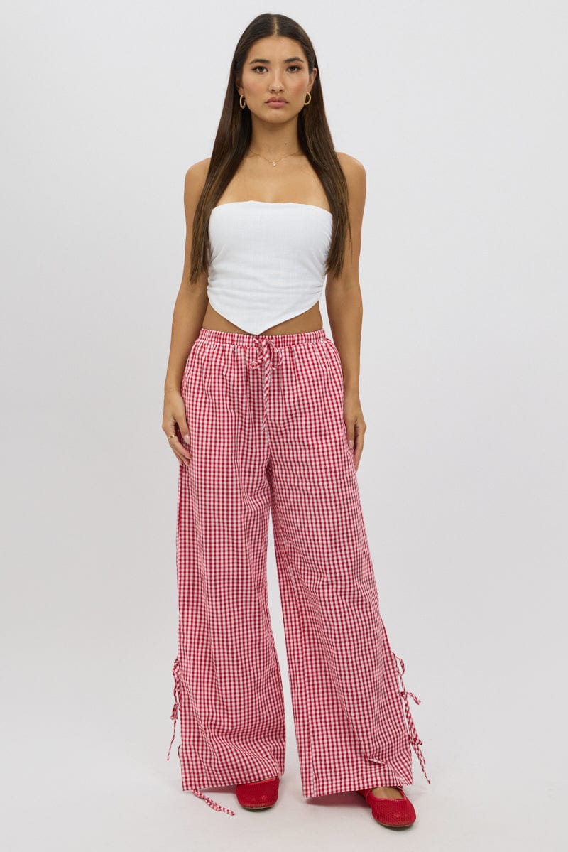 Red Check Wide Leg Pants Side Ribbon - Image 4