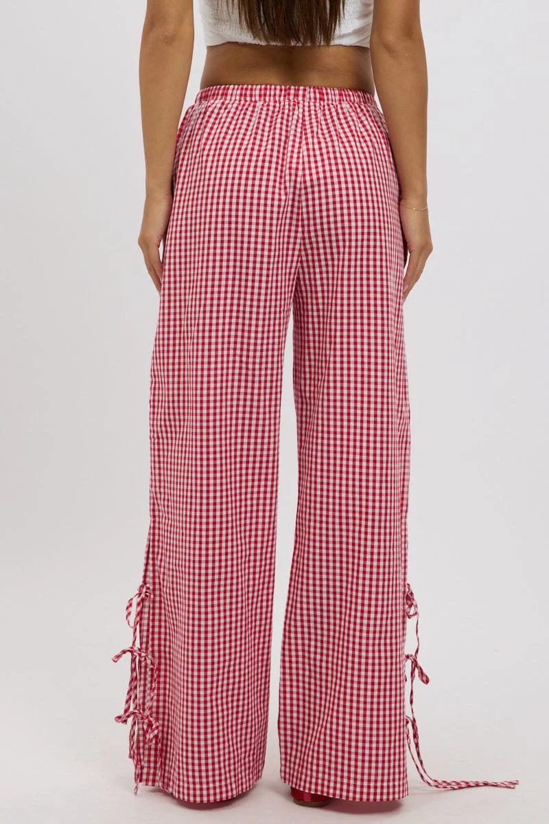 Red Check Wide Leg Pants Side Ribbon - Image 5