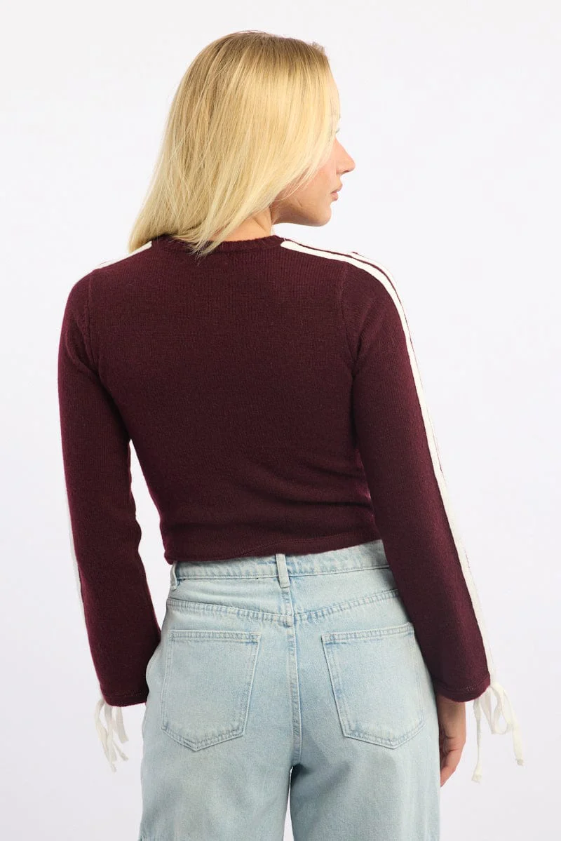 Red Crop Knit Top Long Sleeve Varsity Contrast Trim - Image 4
