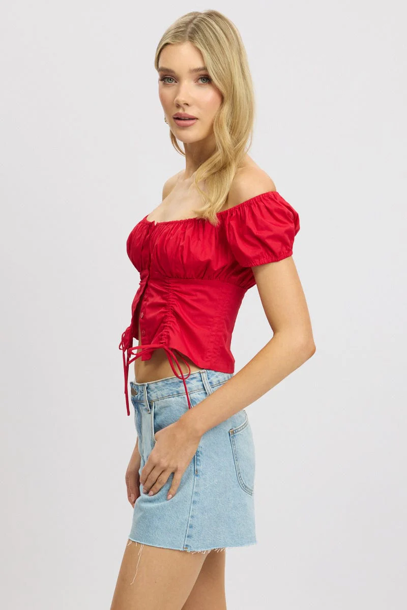 Red Crop Top Short Sleeve Ruched Button Front - Image 4