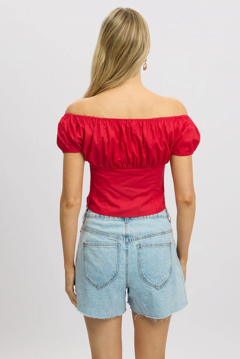 Red Crop Top Short Sleeve Ruched Button Front - Image 5