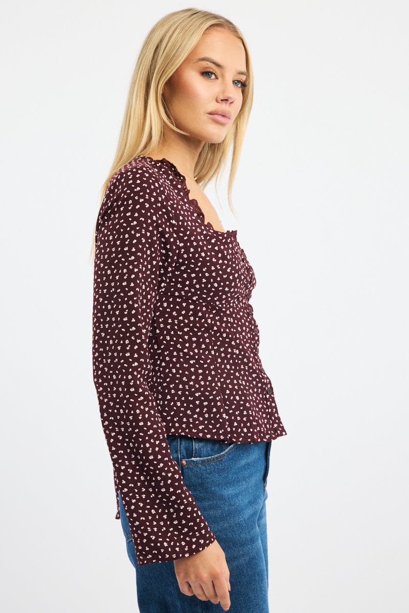 Red Ditsy Button Up Top Long Sleeve Sweetheart Neckline - Image 3
