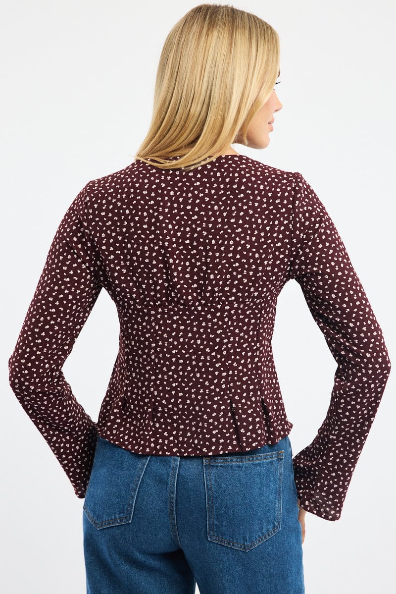 Red Ditsy Button Up Top Long Sleeve Sweetheart Neckline - Image 4