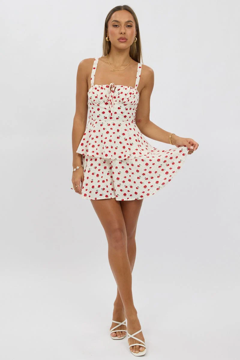 Red Ditsy Fit And Flare Dress Square Neck Mini - Image 2