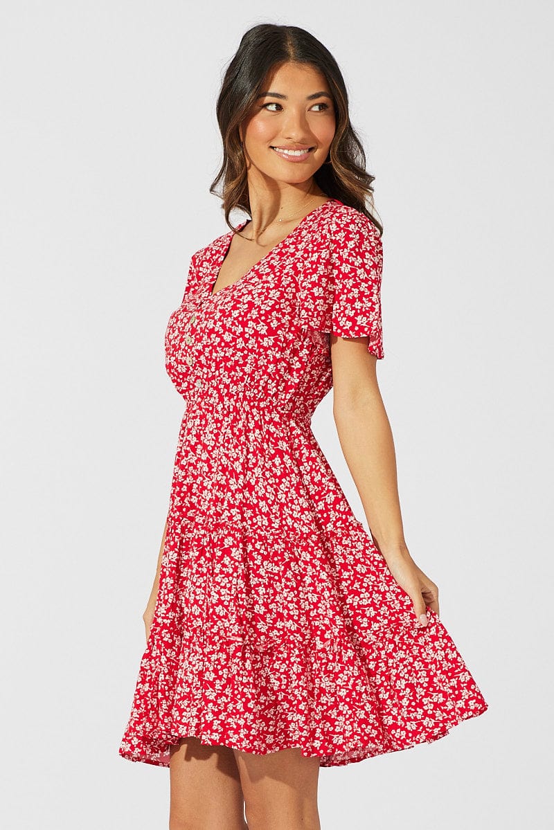 Red Ditsy Fit And Flare Dress V-neck Mini - Image 4