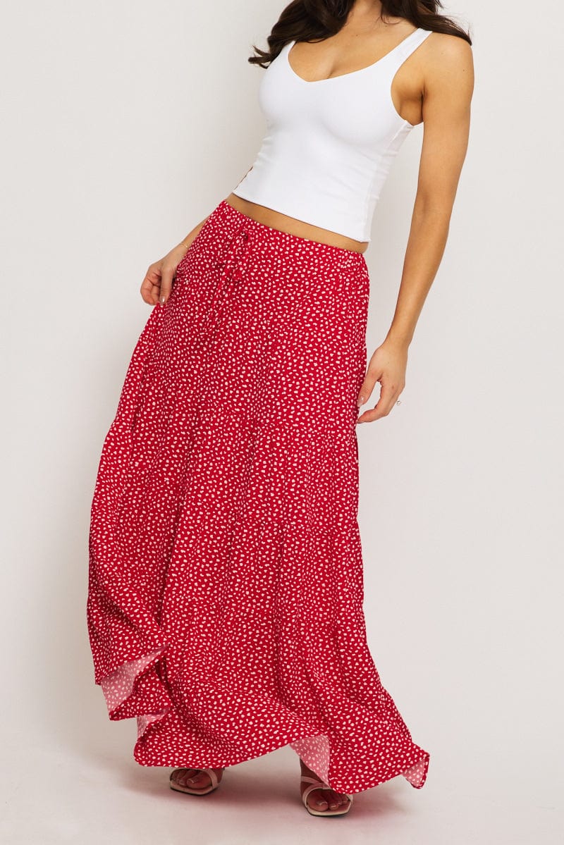 Red Ditsy Maxi Skirt Tiered High Rise - Image 6