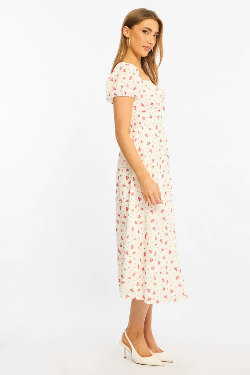 Red Ditsy Midi Dress Puff Sleeve - Image 3