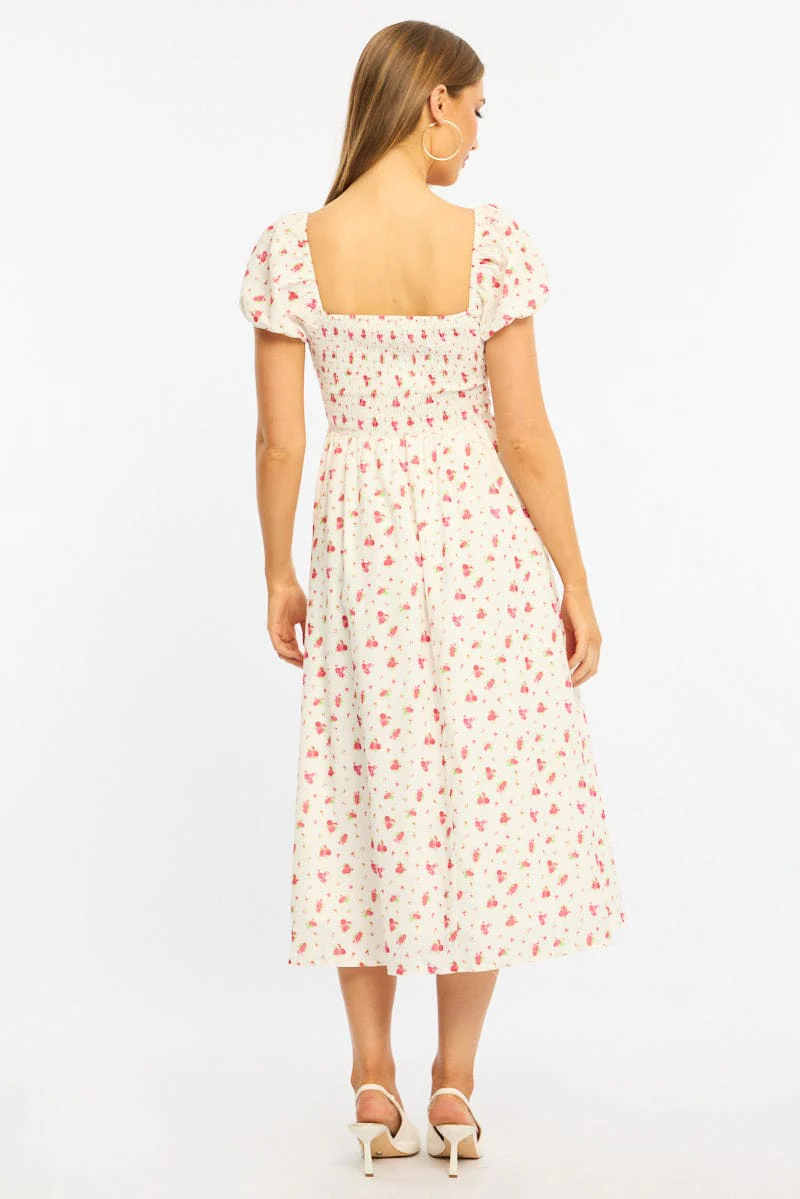 Red Ditsy Midi Dress Puff Sleeve - Image 4
