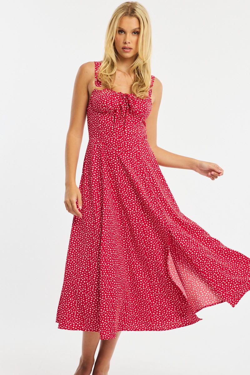 Red Ditsy Midi Dress Ruched Bust - Image 2