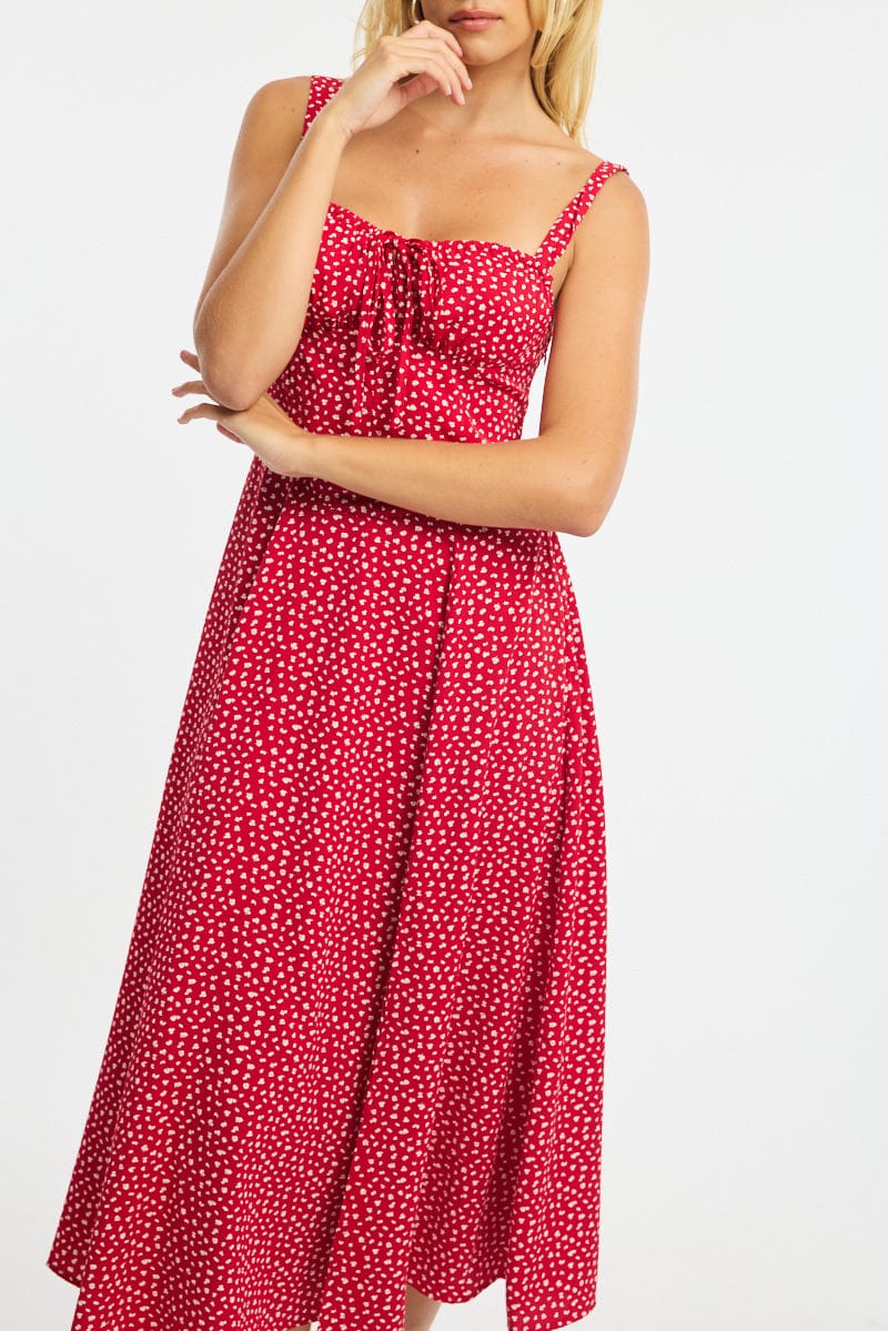Red Ditsy Midi Dress Ruched Bust - Image 5