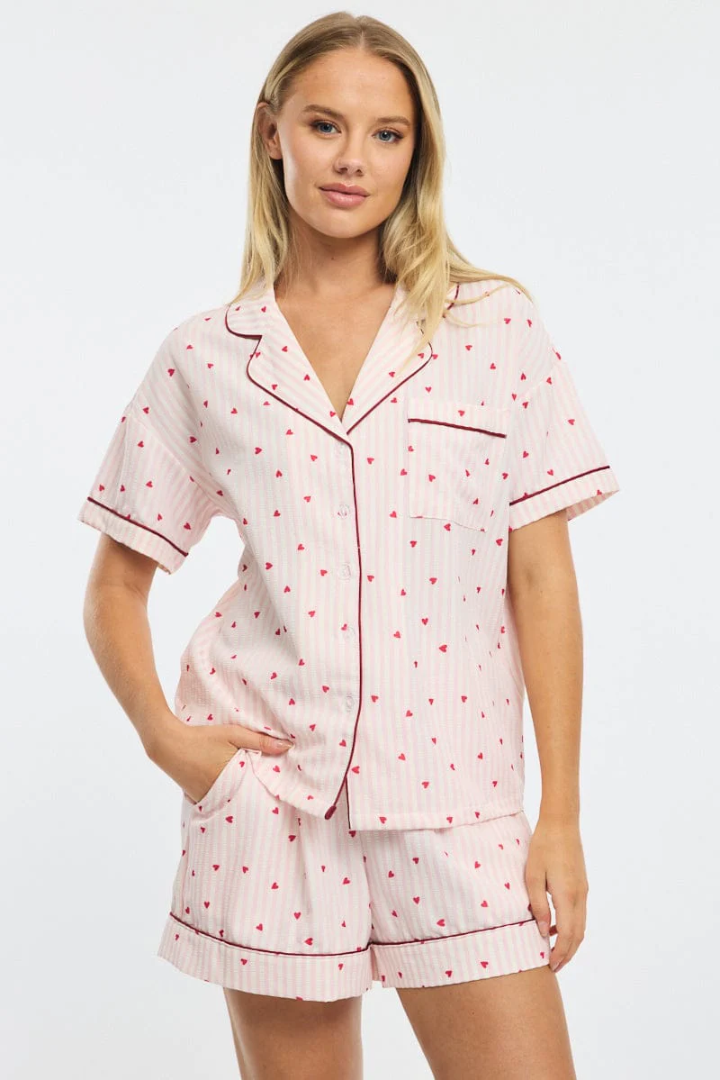 Red Ditsy Pyjamas Set Short Sleeve