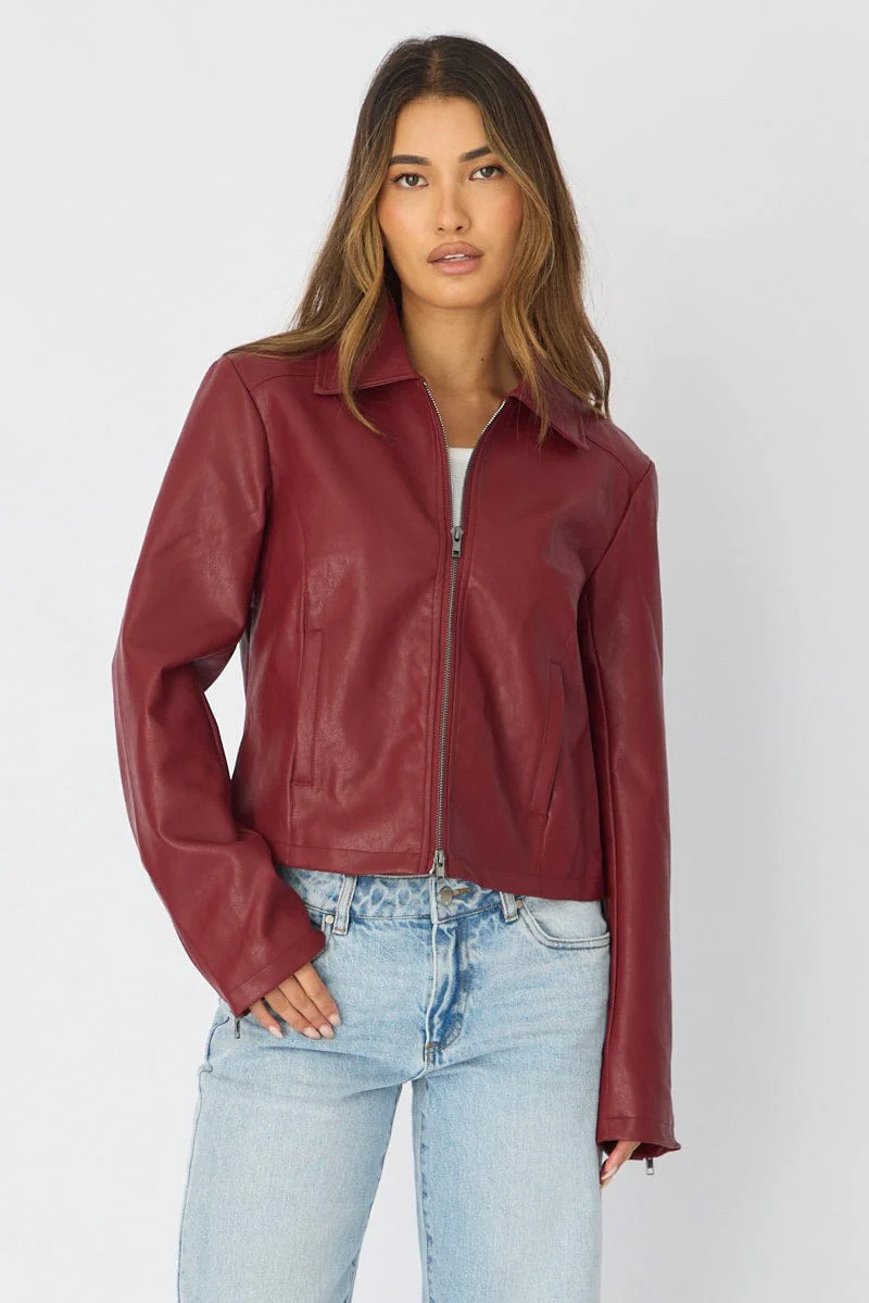 Red Faux Leather Jacket Long Sleeve - Image 3