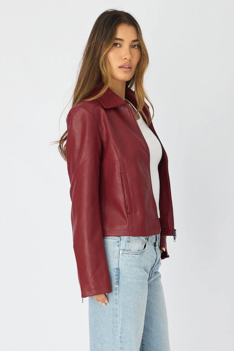 Red Faux Leather Jacket Long Sleeve - Image 4