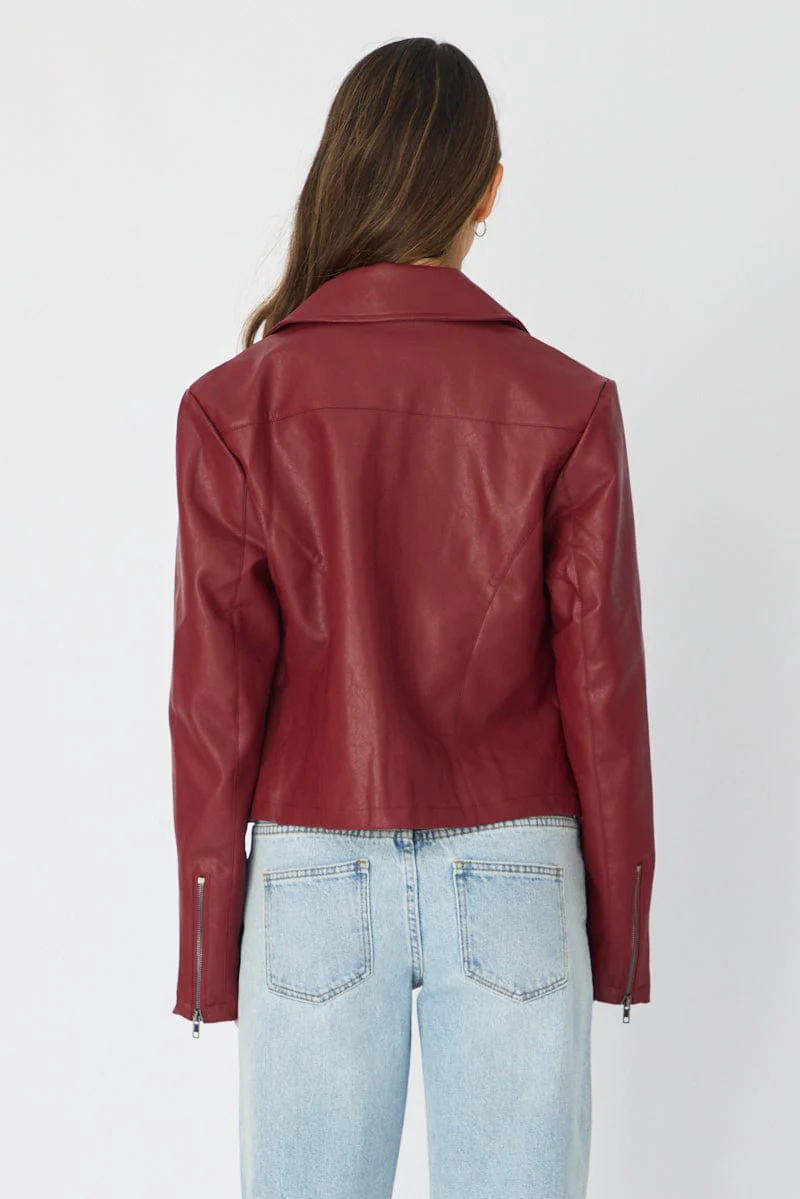 Red Faux Leather Jacket Long Sleeve - Image 5