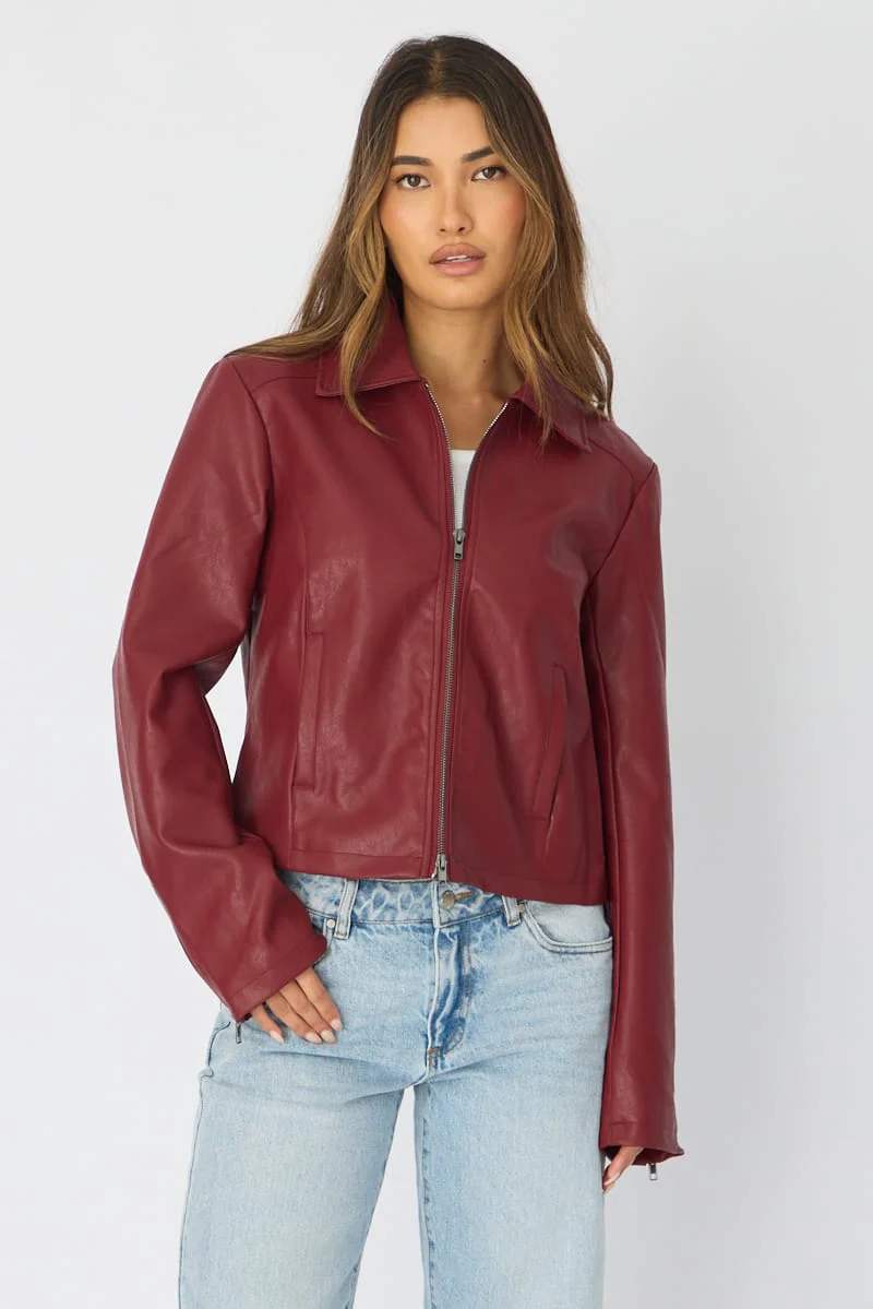 Red Faux Leather Jacket Long Sleeve - Image 5
