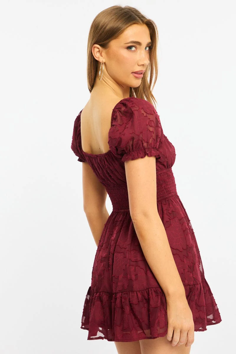 Red Fit And Flare Dress Puff Sleeve - Image 4