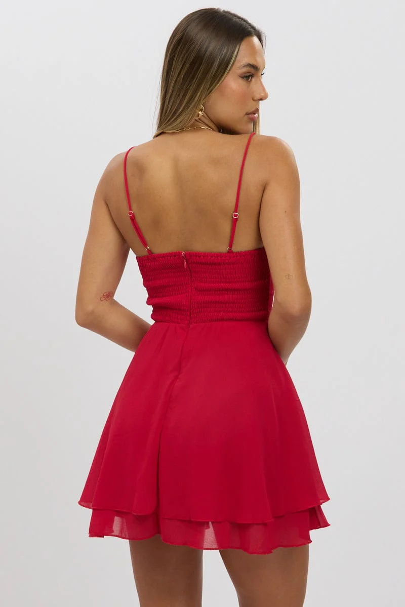 Red Fit And Flare Dress Strapless Corset Waist - Image 5
