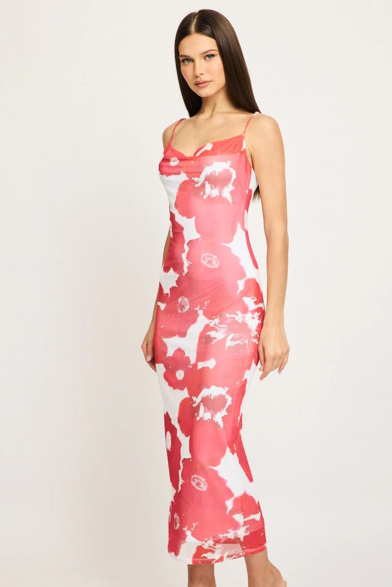Red Floral Bodycon Dress Cowl Neck Maxi - Image 2