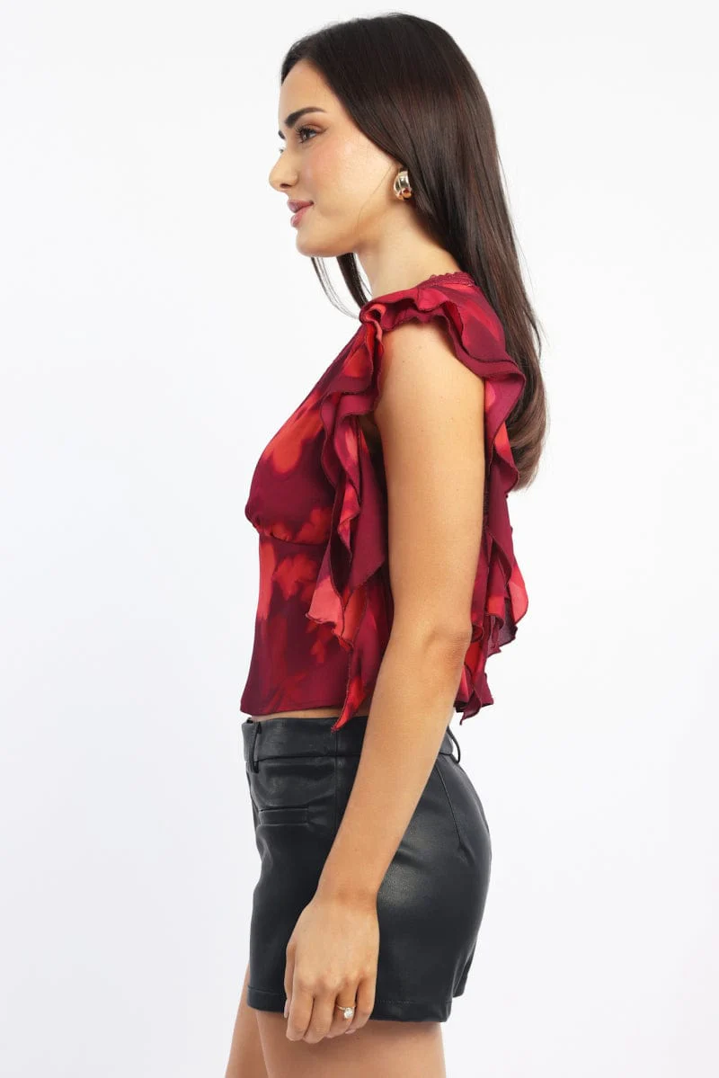 Red Floral Frilled Top Sleeveless V-neck Lave Trim - Image 3