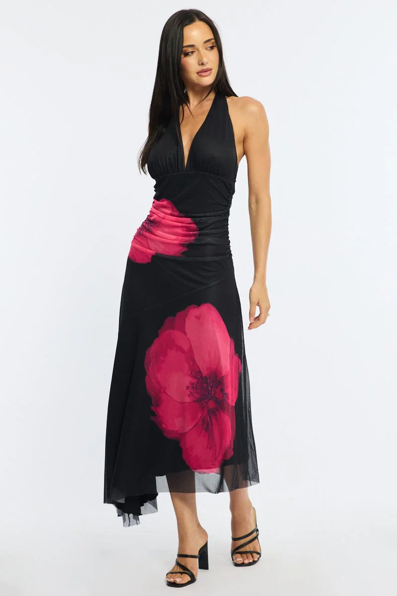 Red Floral Halter Neck Midi Dress - Image 3