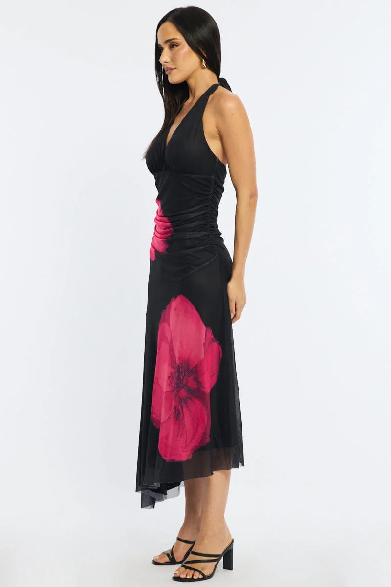 Red Floral Halter Neck Midi Dress - Image 4
