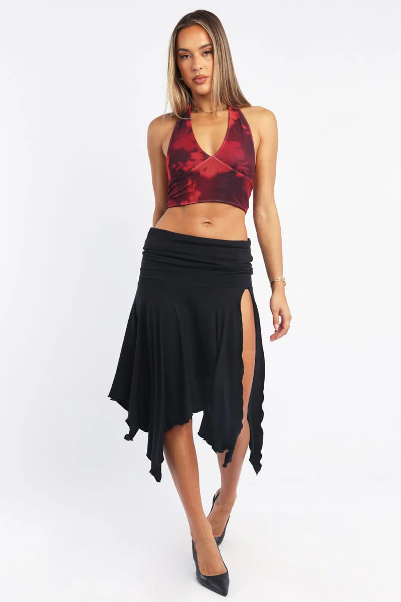 Red Floral Halter Neck Top Tie Back Mesh - Image 3