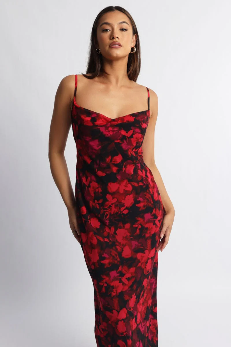 Red Floral Maxi Dress Cowl Neck - Image 2