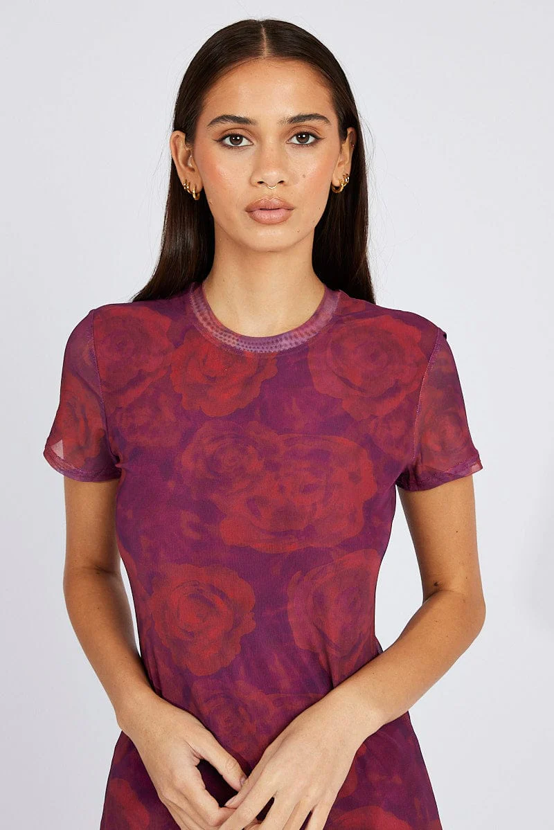 Red Floral Maxi Dress Short Sleeve Crew Neck Bodycon Mesh - Image 4